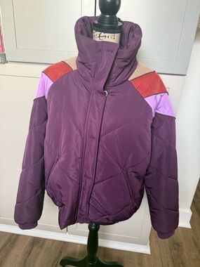 Free People Plum Colorblock Puffer Jacket with Red and Lavender Accents